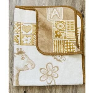 Vtg Plush Baby Blanket Giraffe ABC Neutral Tan Natural Thick Soft Trim Butterfly